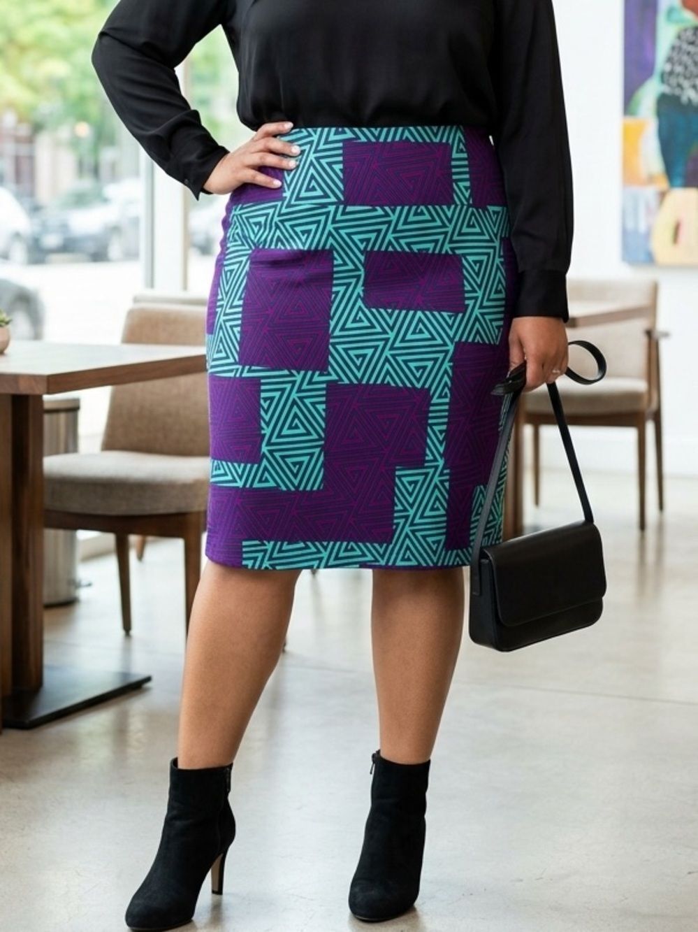 Take 50% OFF-LulaRoe Geometric Pattern Pencil Skirt in Teal and Purple, Size-3XL
